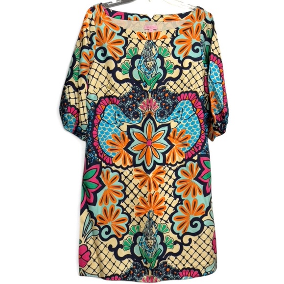 Lilly Pulitzer Lilly Palooza Silk Shift Dress-Size 10-Rare-Graphic-Boho-Y2K-Bold